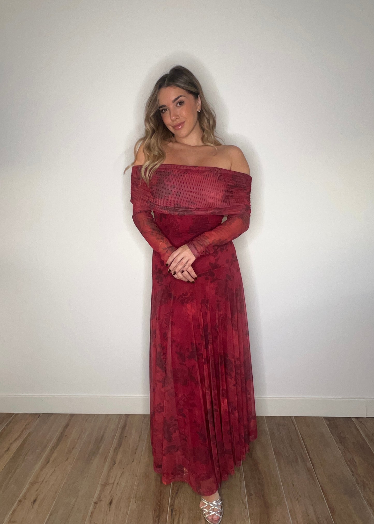 Vestido Tul Estampado Rojo