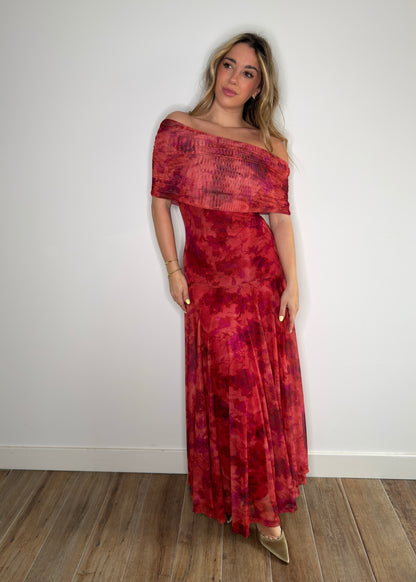 Vestido Tul Estampado Teja