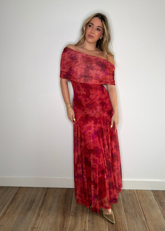 Vestido Tul Estampado Teja