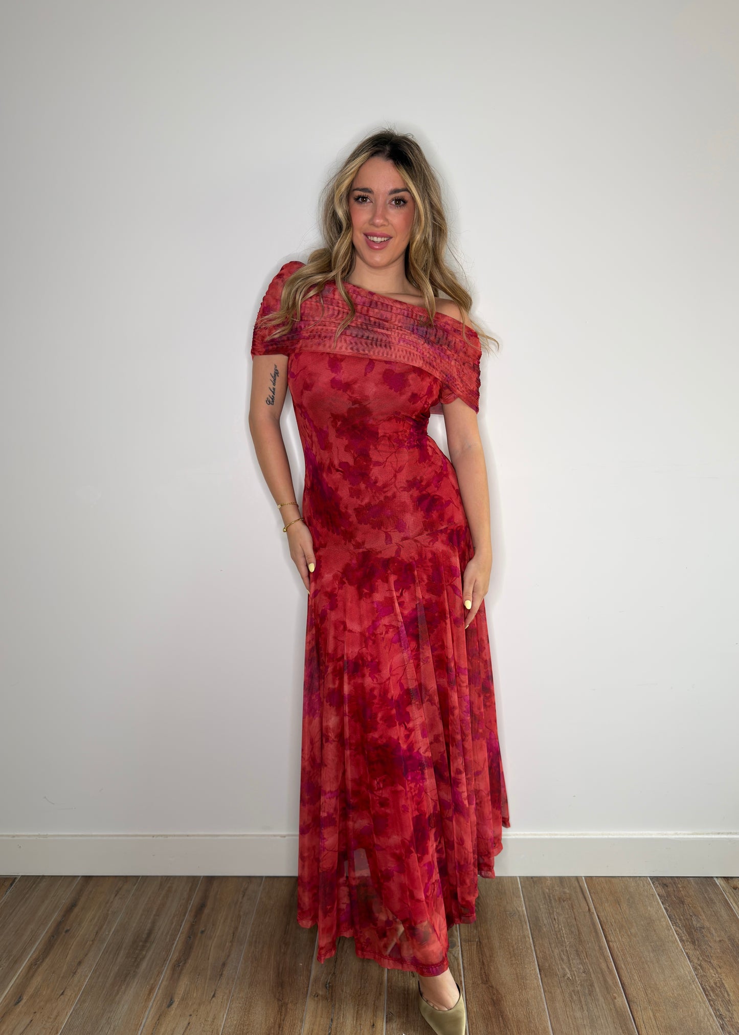 Vestido Tul Estampado Teja