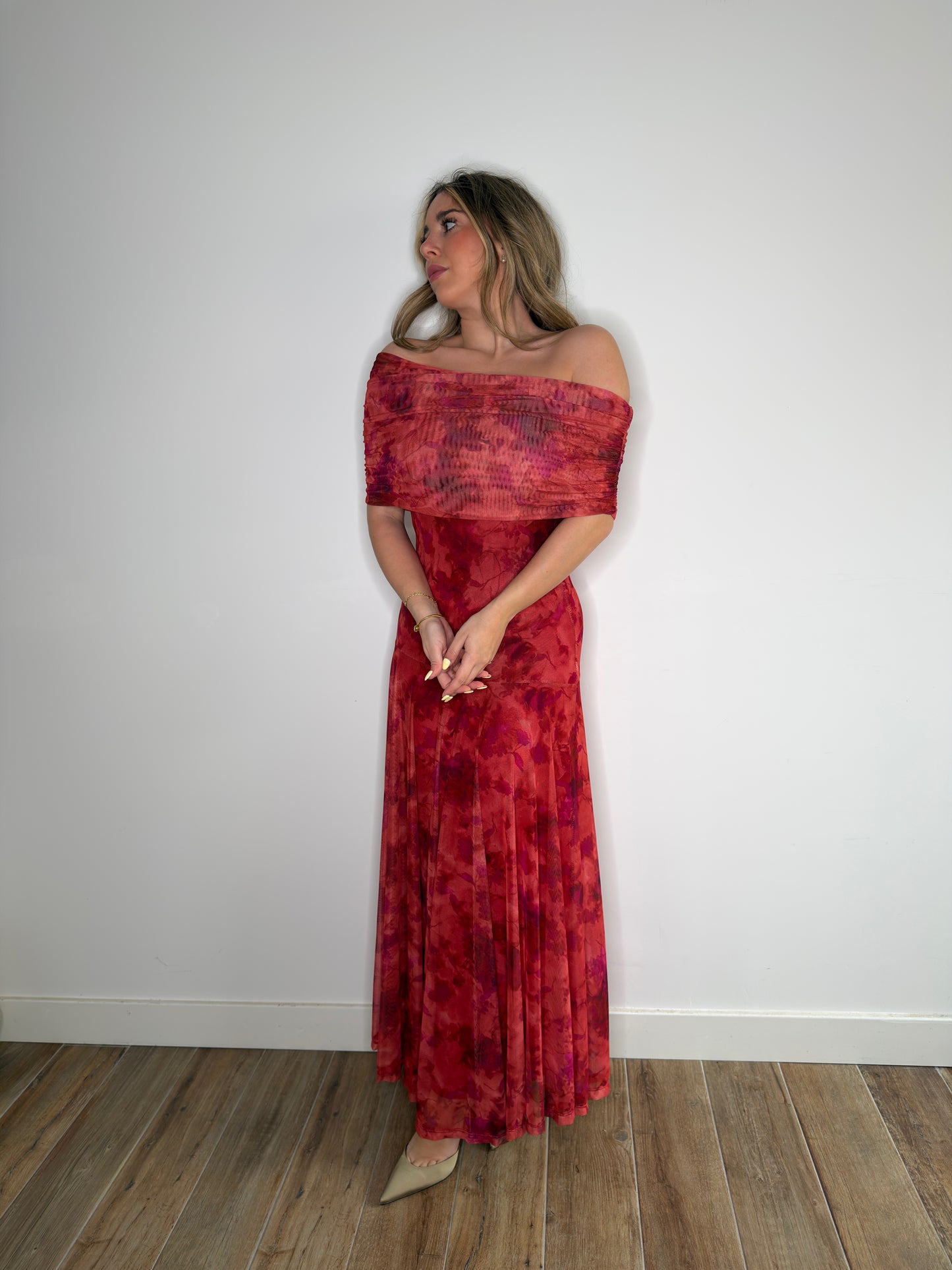 Vestido Tul Estampado Teja