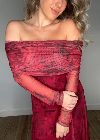 Vestido Tul Estampado Rojo