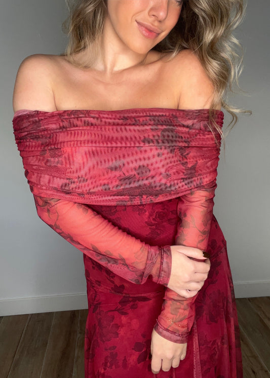 Vestido Tul Estampado Rojo