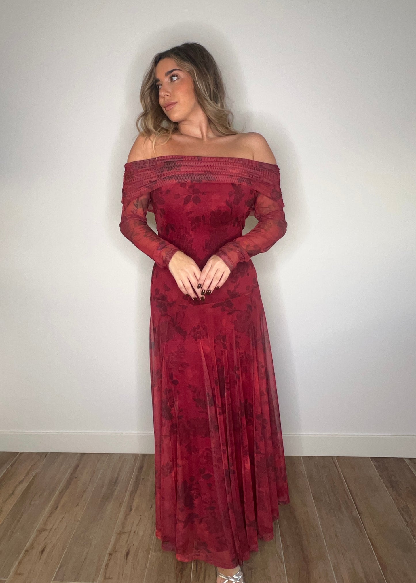 Vestido Tul Estampado Rojo