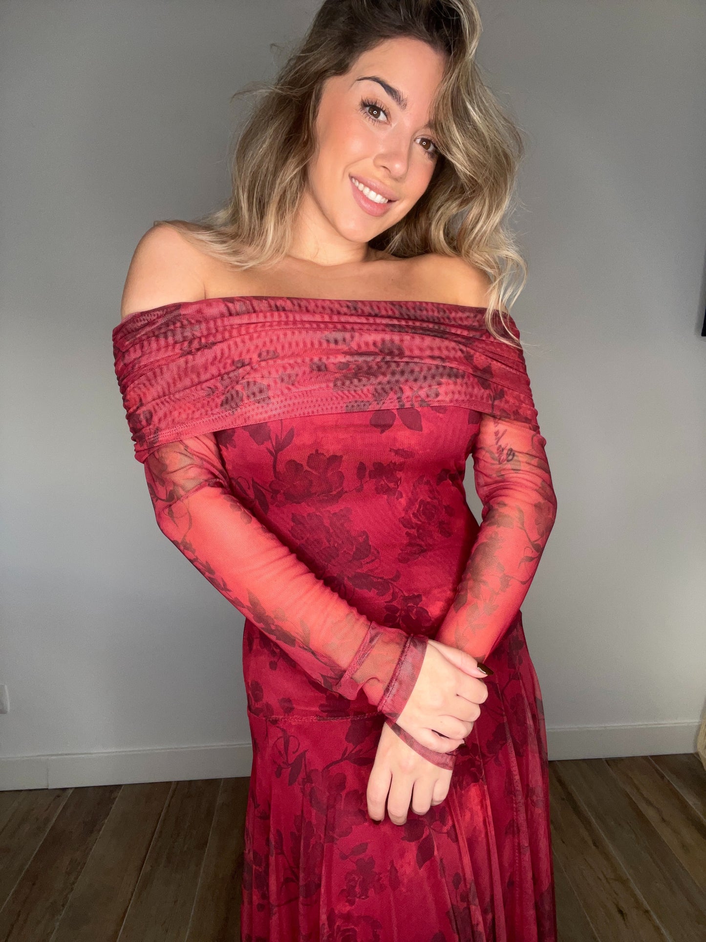 Vestido Tul Estampado Rojo